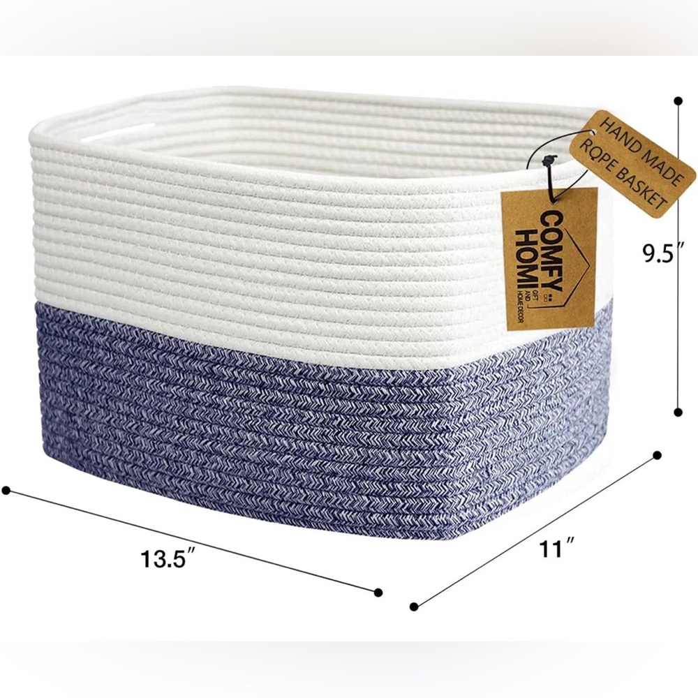 Comfy Homi Navy & White Cotton Rope Woven Storage Basket with Handles Brand New - Picture 2 of 4